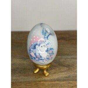 Vintage Enesco Marble Hand Painted Egg With Gold Stand Easter Bunny
